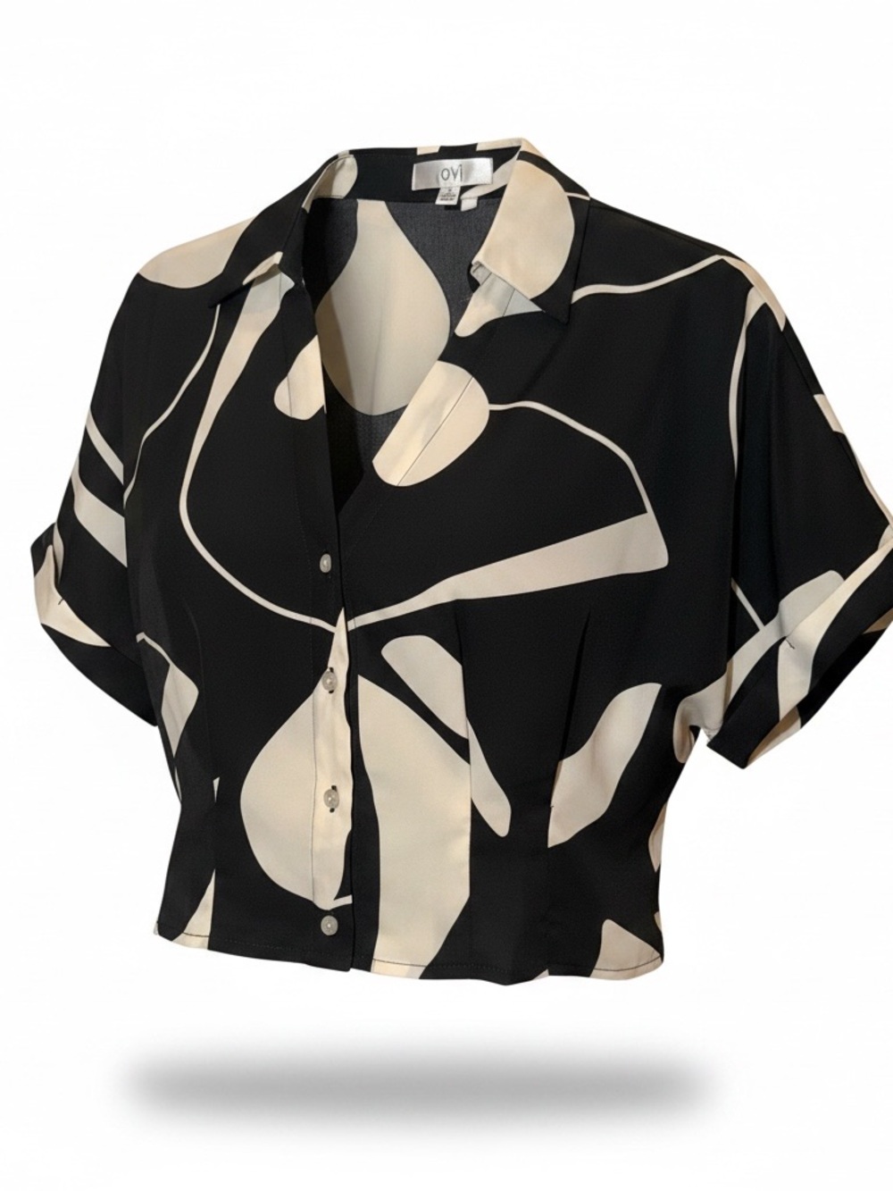 Ovi Black & Cream Abstract Short-Sleeve Button-Front Crop Shirt